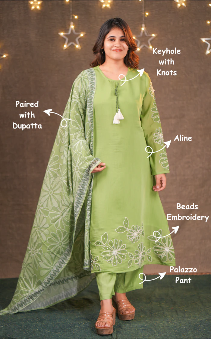 Pista Green Beads Embroidered Aline Kurti (Mishika A)